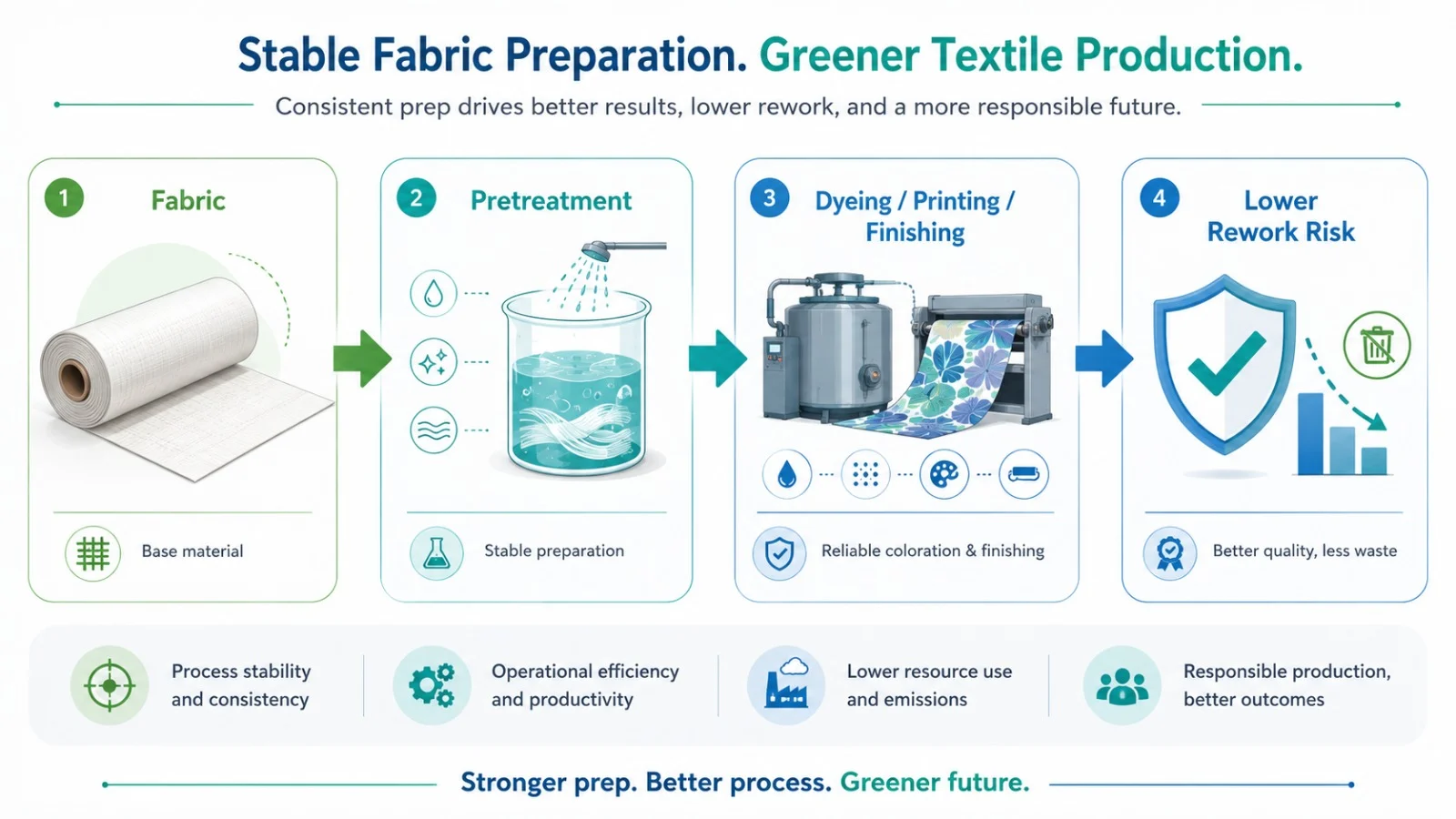 Pretreatment foundation for greener textile production and fabric readiness