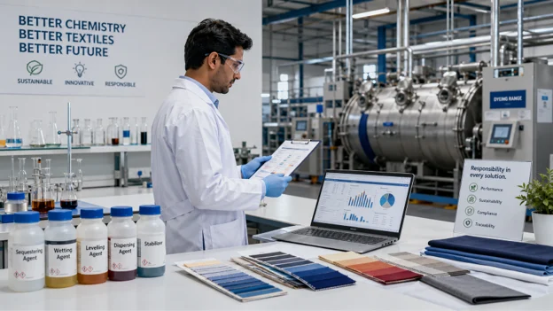 Textile chemical specialist reviewing process data in a modern lab and dyeing facility