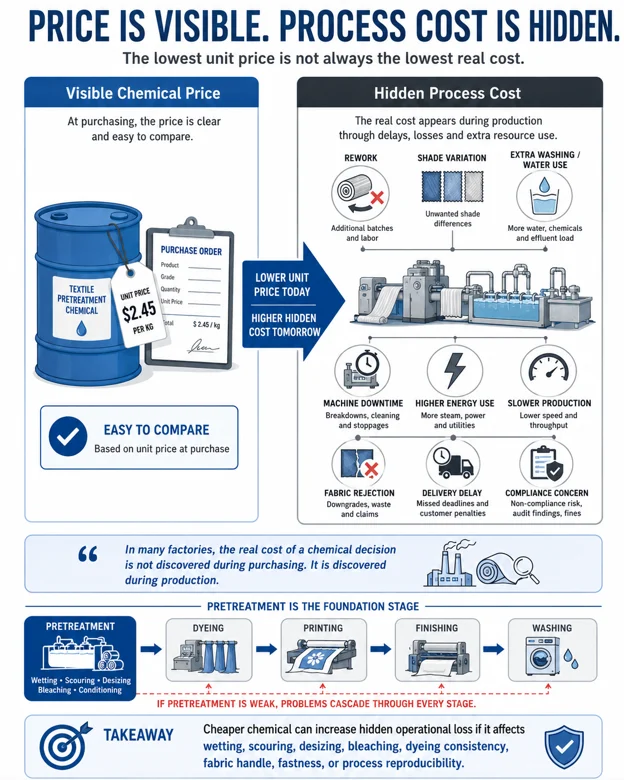 Infographic comparing visible chemical price with hidden textile process cost