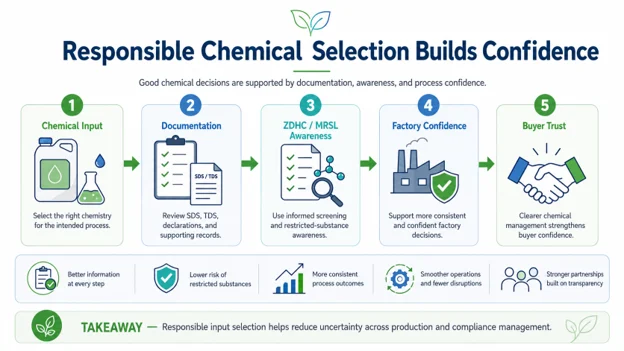Responsible chemical selection flow showing documentation, ZDHC awareness, factory confidence, and buyer trust